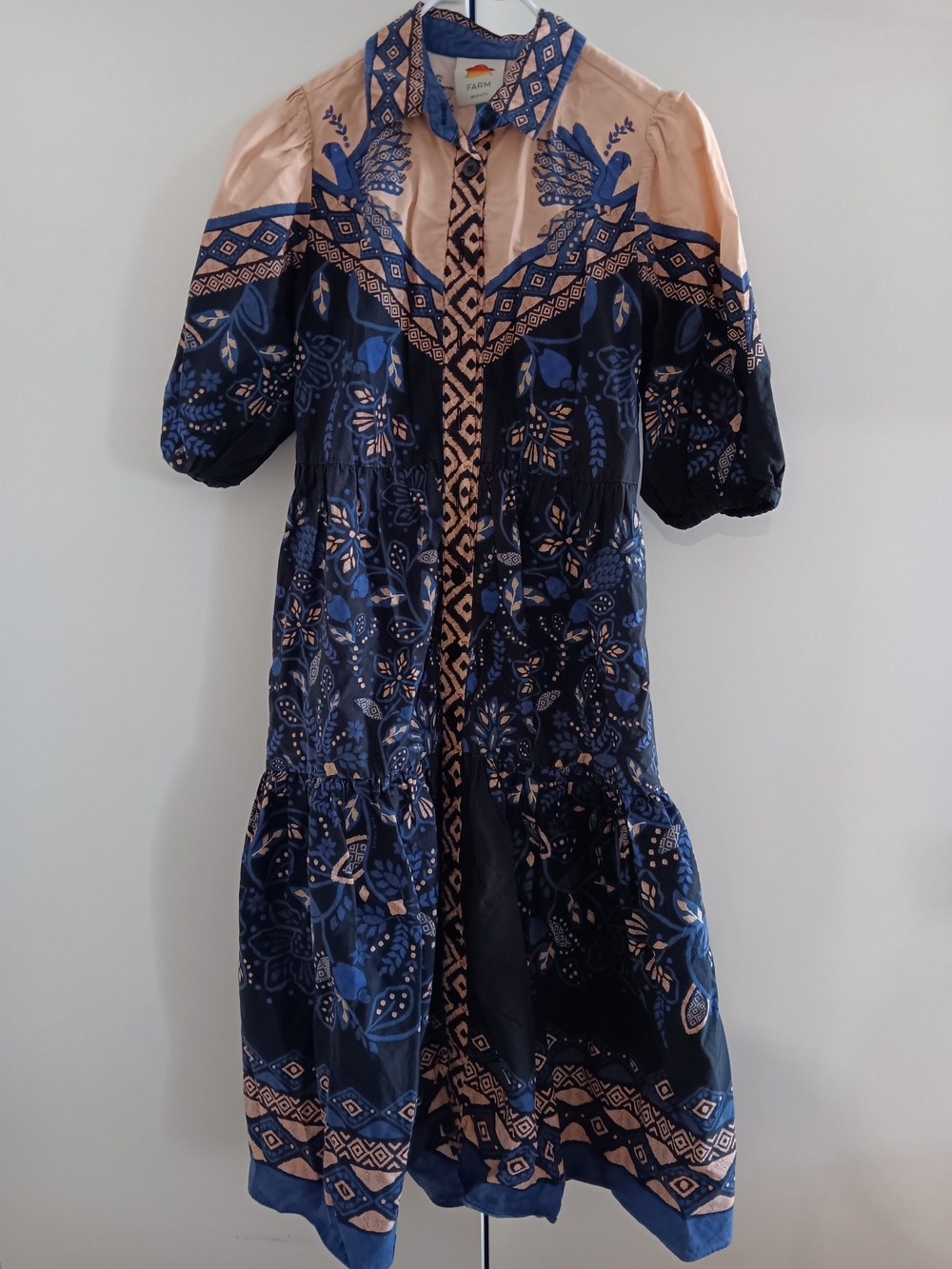 Farm Rio Size Small100% Cotton Blue and Peach Midi Shirt Dress with Button Front